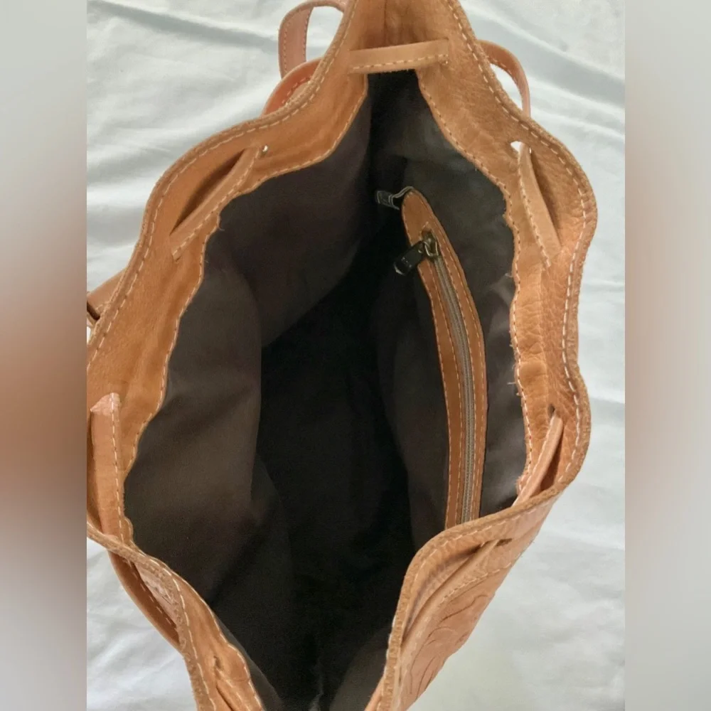 Tan Leather Bucket Bag with Embossed Detail